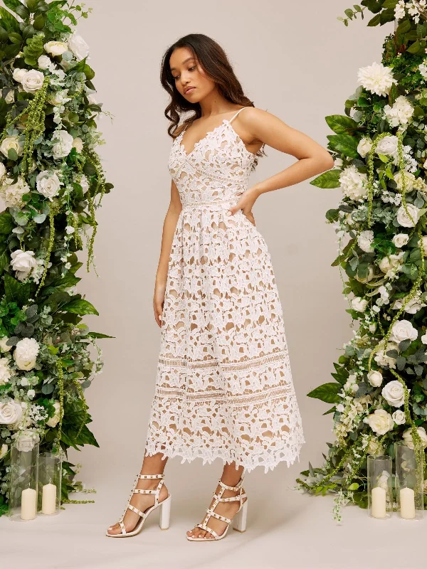 Lace Strappy Midi Bridal Dress / White Floral Bridal Gown