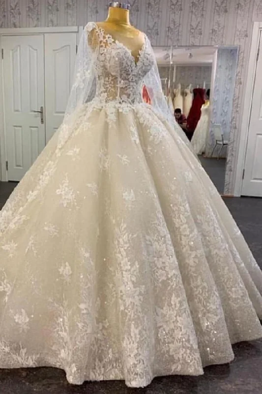 Long A-line Bateau Appliques Lace Sequins Tulle Wedding Dress Illusion Lace Gown