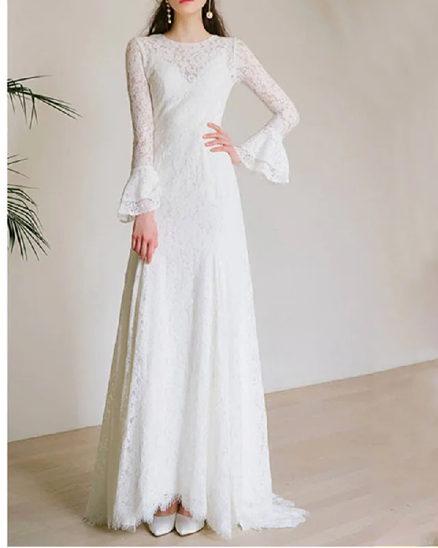 Long Sleeves Form Fitting Lace Wedding Dresses for Lawn Wedding Party Embroidered Wedding Dress