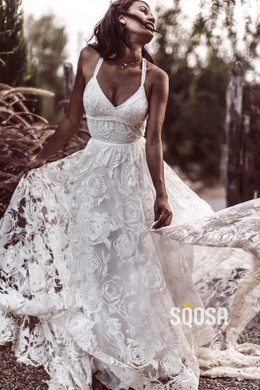 Luxury Lace Chic Halter A-Line Bohemian Wedding Dress with Slit Bridal Gowns QW0862 Off-shoulder Wedding Gown