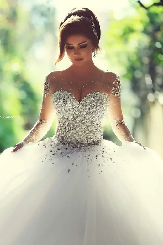 luxury wedding dress ball gown long sleeve crystals beaded princess elegant bridal gowns Elegant Satin Dress