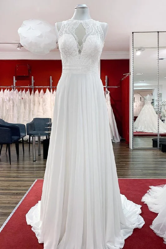 Modest Long A-line Chiffon Jewel Appliques Open Back Wedding Dress Lace Wedding Gown