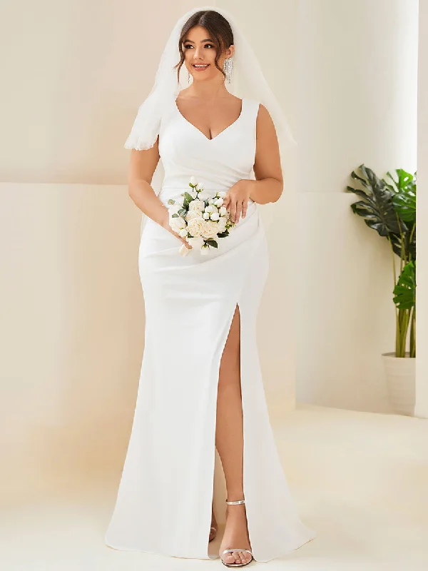 Plus Deep V Neck Fishtail Sleeveless Split Wholesale Wedding Dresses Glitter Wedding Dress