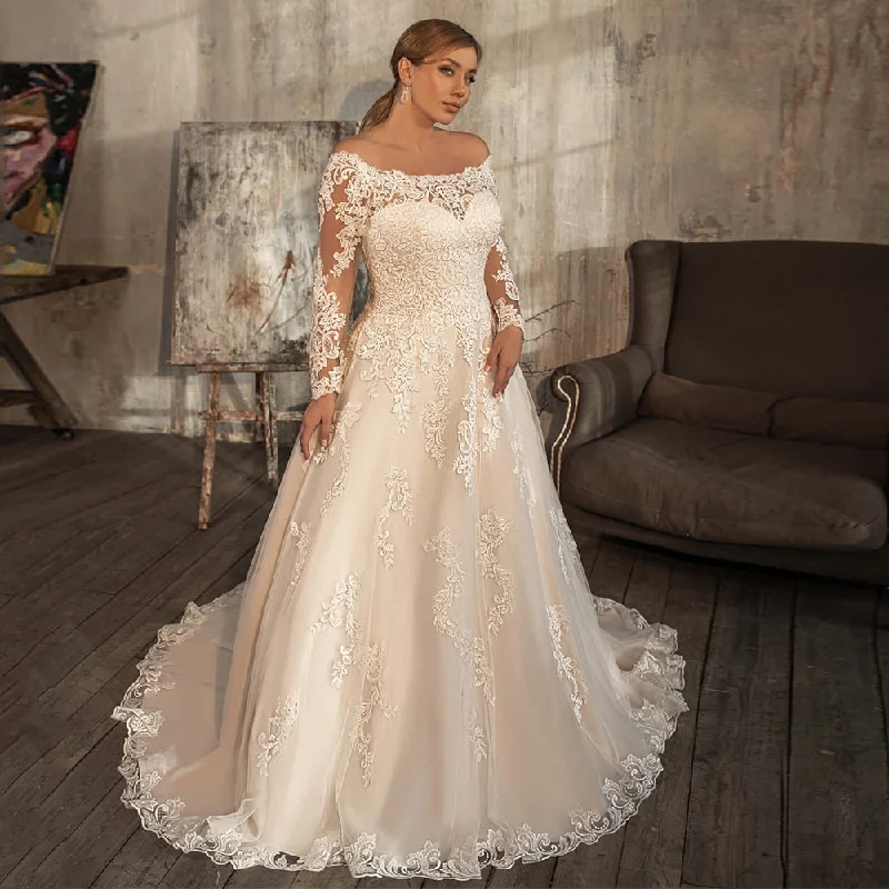 Wedding Dress Plus Size Lace Appliques Back Zip Sparkling Wedding Dress