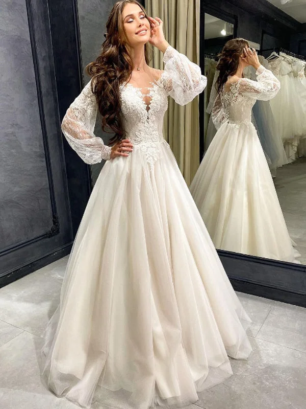 Sexy V-neck A-line Long Sleeve Lace Cheap Long Wedding Dresses Online,RBWD0024 Simple Satin Gown