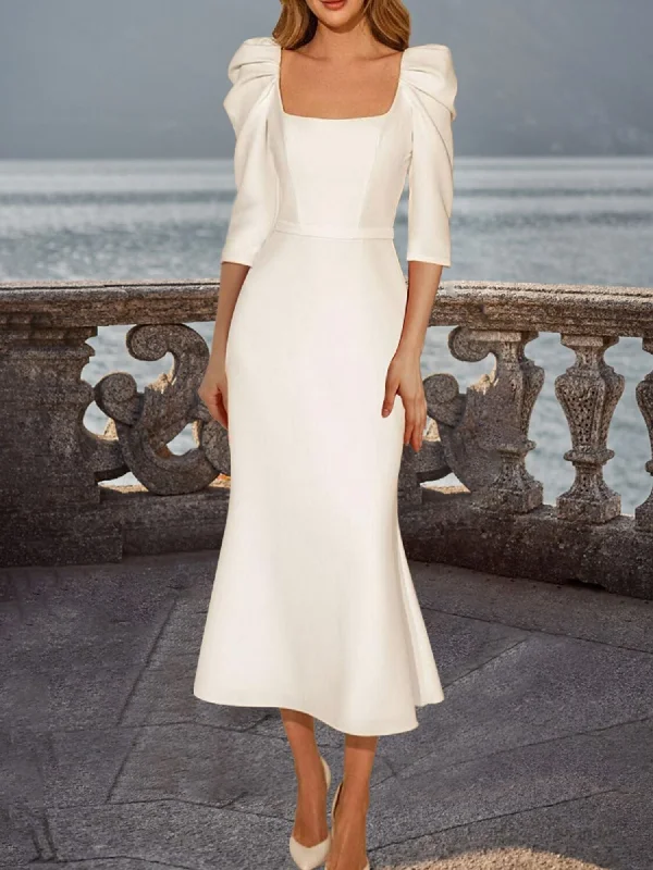 Sheath/Column Retro Square Neck 3/4 Sleeves Tea Length Elegant Wedding Dress With Ruffles Princess Wedding Dress