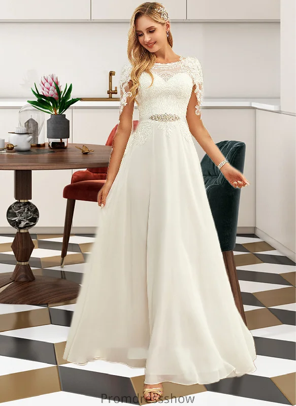 Shelby A-Line Scoop Neck Floor-Length Chiffon Lace Wedding Dress With Sequins STKP0013775 Strapless Bridal Dress