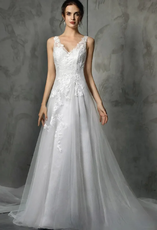 Shining V-Neck Wedding Dress With Long Tulle Train Classic Bridal Dress