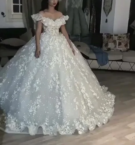 sparkly wedding ball gown 3d flowers elegant off the shoulder princess boho wedding dresses Lace Wedding Gown