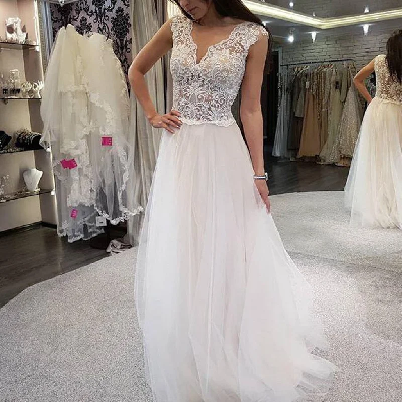 New Arrival Lace Top Tulle Wedding Dress, Cheap A-Line Sleeveless Wedding Dress, KX895 Boho Wedding Gown