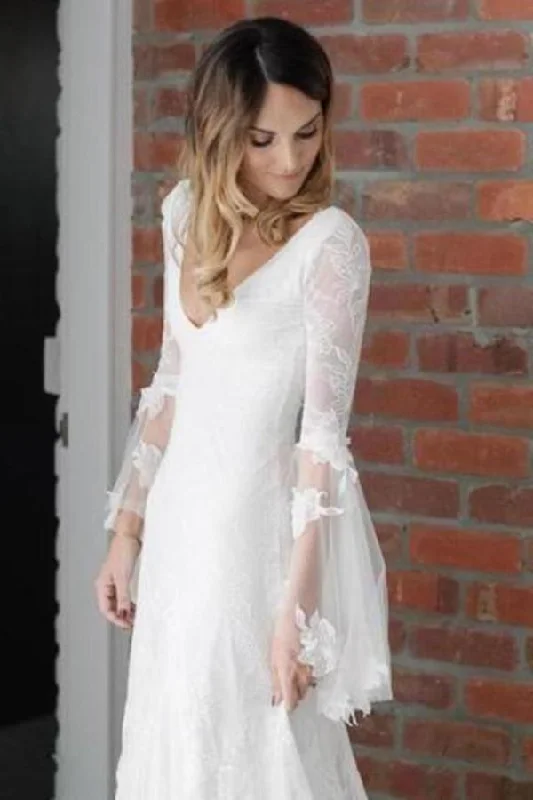 V Neck Beach Wedding Dress With Long Sleeves Unique Lace PLXCEDCY Lace V-neck Dress