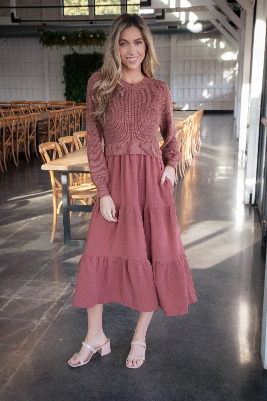 Anissa Mixed Media Sweater Dress, Terracotta Chiffon midi dresses