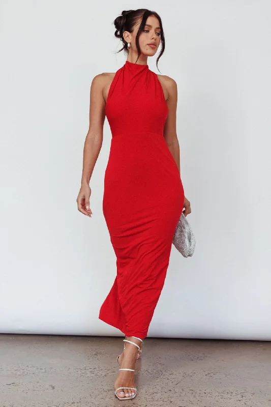 Caden Backless Halterneck Dress Red Sequin midi dresses