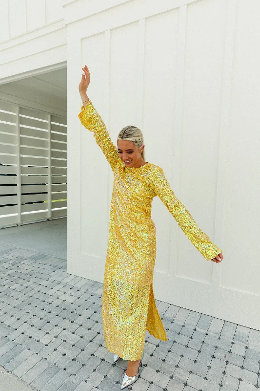 Calypso Midi Dress - Yellow Sequins Sleeveless midi dresses