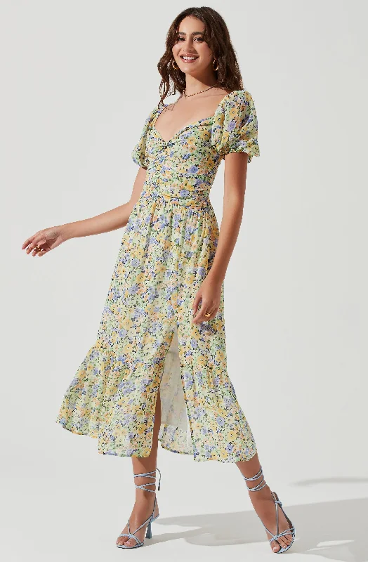 Irma Floral Puff Sleeve Midi Dress Vintage midi dresses