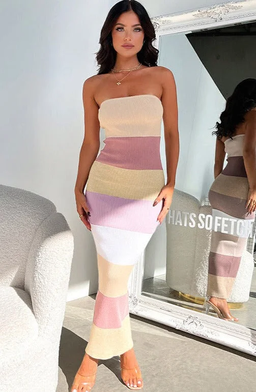 Linda Contrast Colors Strapless Knit Midi Dress Expensive midi dresses