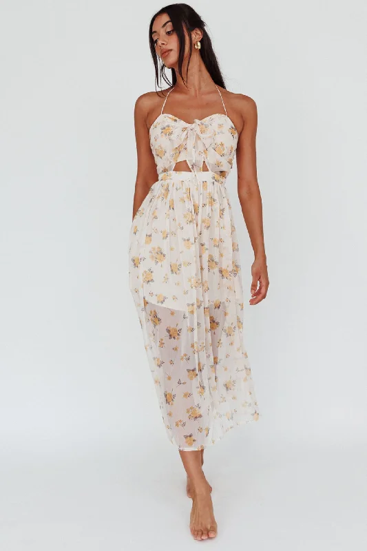 Los Feliz Tied Bust Halterneck Midi Dress Sheer Floral Yellow Festival midi dresses