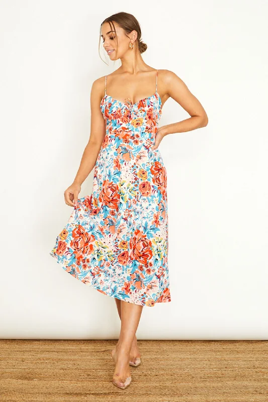 Malibu Gathered Bust Cami Strap Midi Dress Floral Orange A-line midi dresses