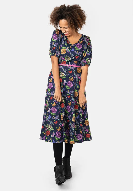 Paradise Embroidered Birds Print Midi Dress Summer party midi dresses