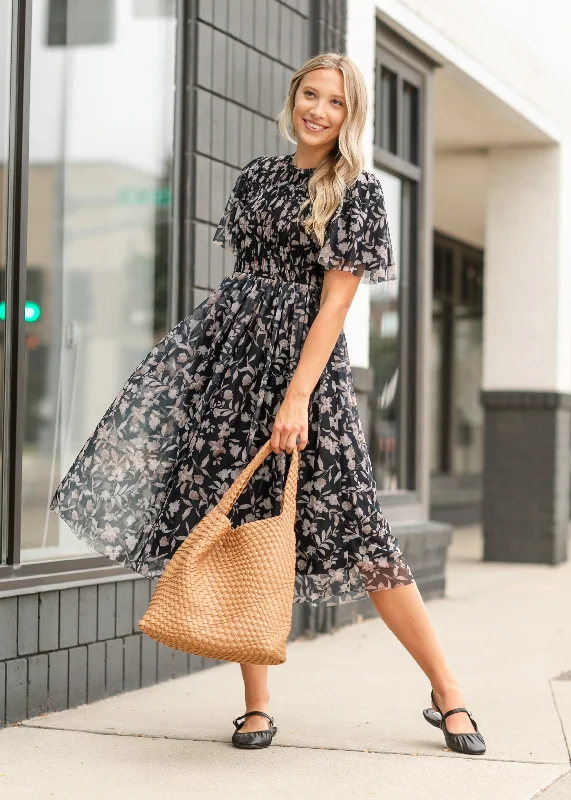 Printed Mesh Smocked Top Midi Dress - FINAL SALE Ruffled midi dresses