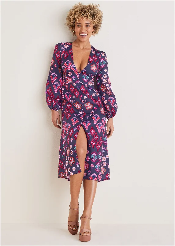 Long Sleeve Printed Dress - Modern Folk Floral Preppy midi dresses