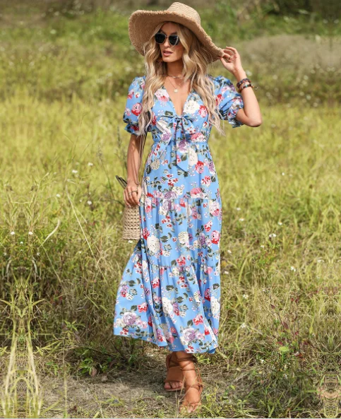 bow V-neck short sleeve waist floral long dress Corset maxi dresses