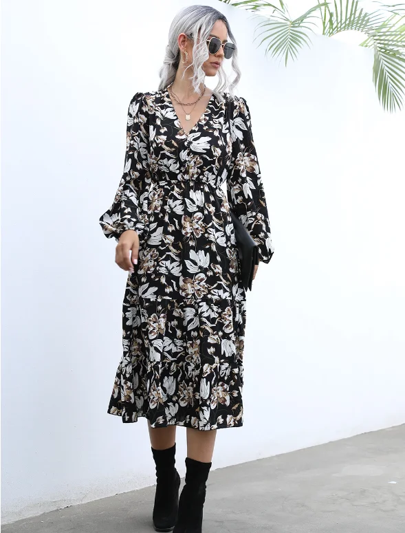 printed big swing dress V-neck bubble sleeve long dress Chiffon maxi dresses