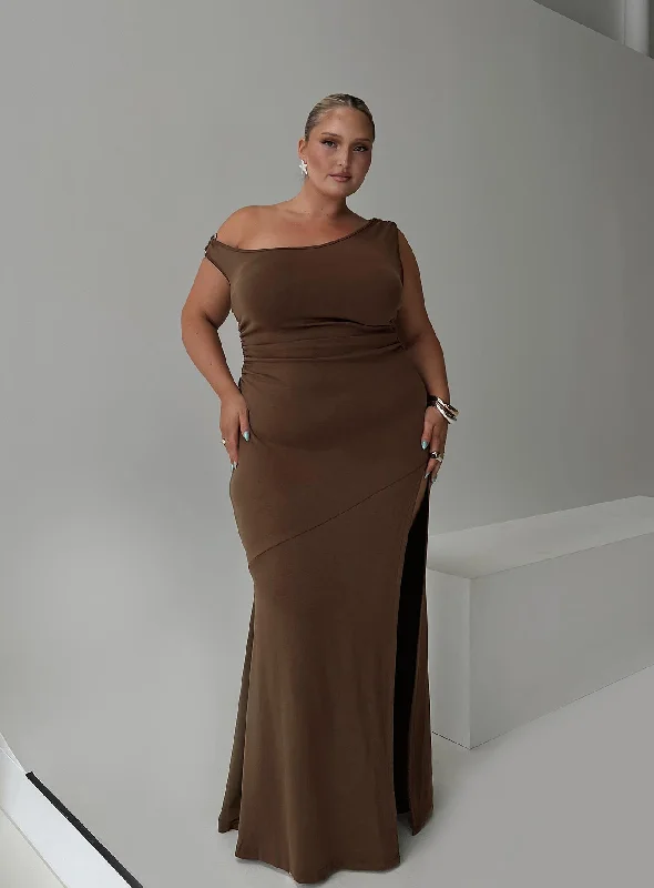 Rios One Shoulder Maxi Dress Brown Curve Flattering maxi dresses for all body types