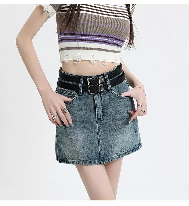 Chic High Waist Denim Mini Skirt with Belt Stylish Pleated Skirt