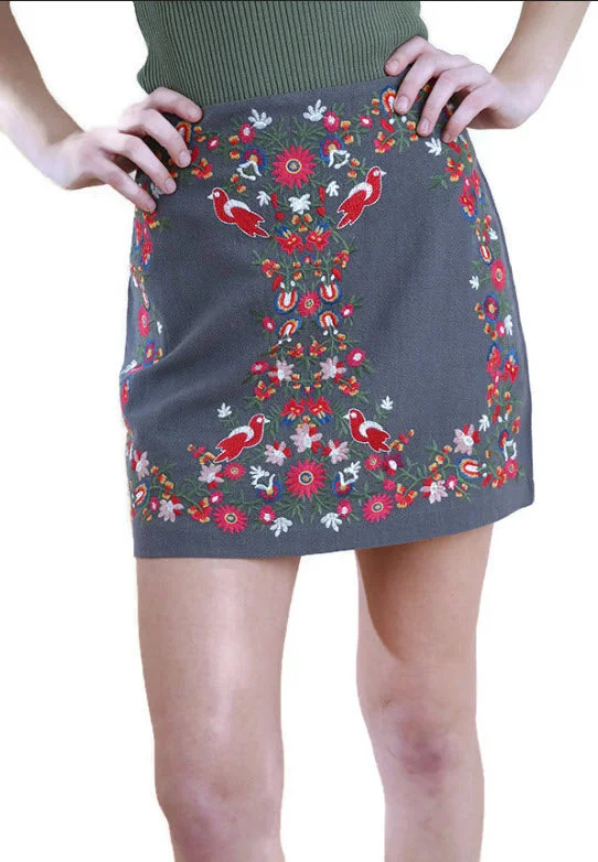 Floral Embroidered High Waist Mini Skirt, Grey Mini Skirt with Bow