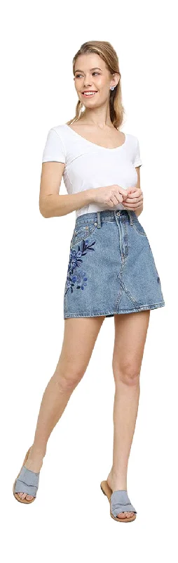 Floral Embroidered Mini Skirt, Light Denim Cute Mini Skirt