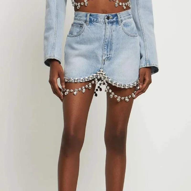 High Waist Diamond Patchwork Denim Mini Skirt with Pockets Lace Detail Mini Skirt