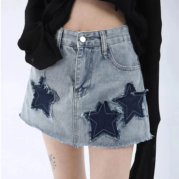 High Waist Star Patched Denim Mini Skirt Colorblock Mini Skirt