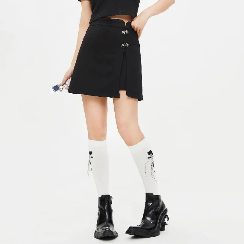 Short A-Line Skirt with Chinese Style Buttons Leather Mini Skirt