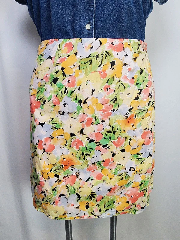 Vintage Coldwater Creek Size 14 Yellow Multi Floral Wrap Mini Skirt Stylish Pleated Skirt