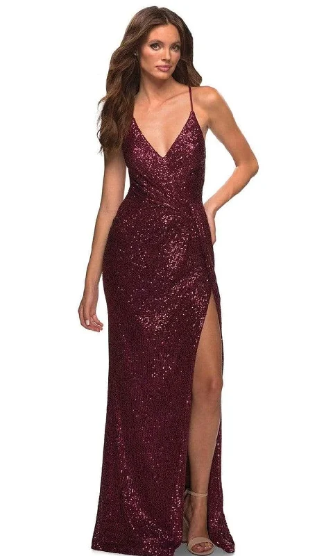 La Femme - 29438 Spaghetti Strap Wrap Sequin Long Prom Gown Leather party dresses