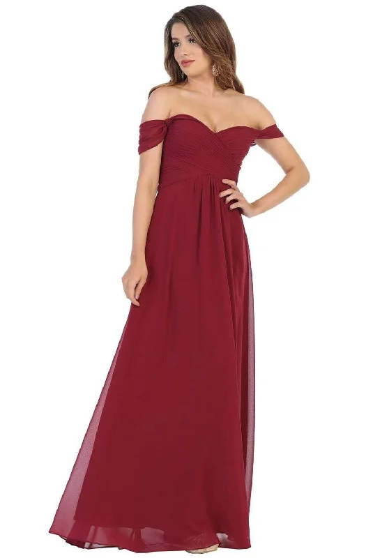 May Queen - MQ1711 Draped Off Shoulder Chiffon A-Line gown Velvet party dresses