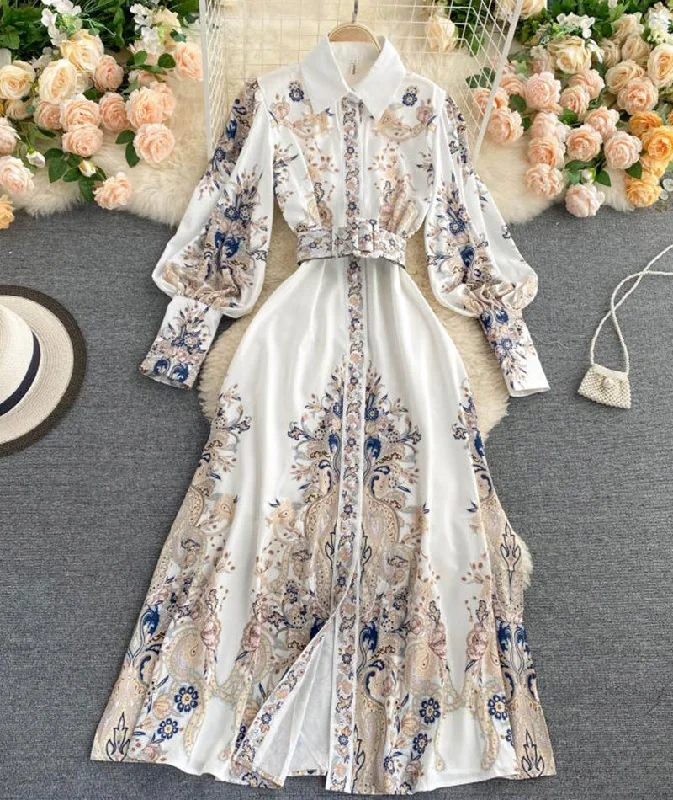 A line printed long dress women's dress  1334 Fashion-forward floral dresses