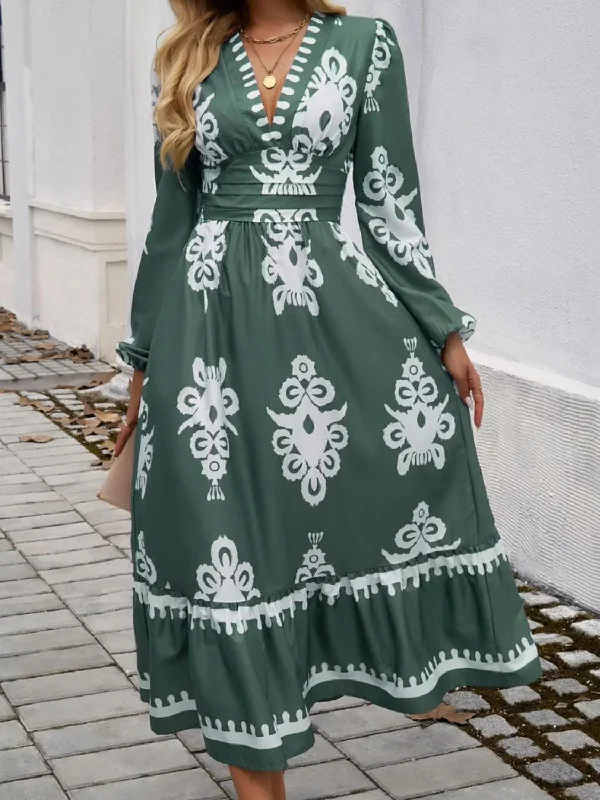 Devine Ruffled Printed Plunge Long Sleeve Dress Chic floral dresses