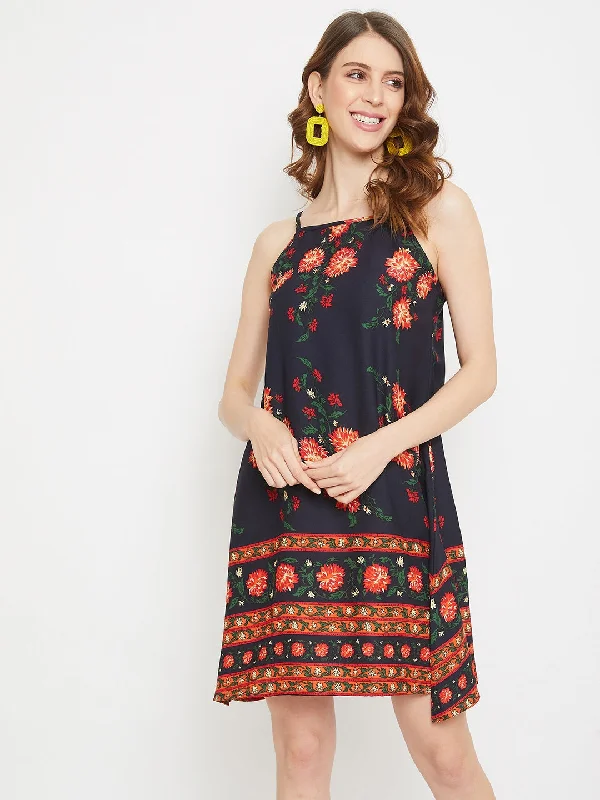 Berrylush Women Navy Blue Floral Printed Sleeveless Halter Dress A-line floral dresses