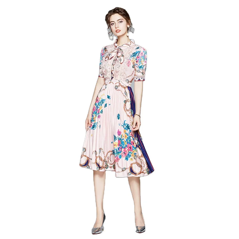 Floral Print Bow Neck Short Sleeve Vintage Elegant Dress Best floral dresses for petites