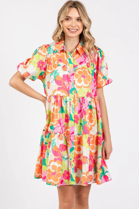 Fuchsia Floral Collared Button Up Tiered Dress H&M floral dresses