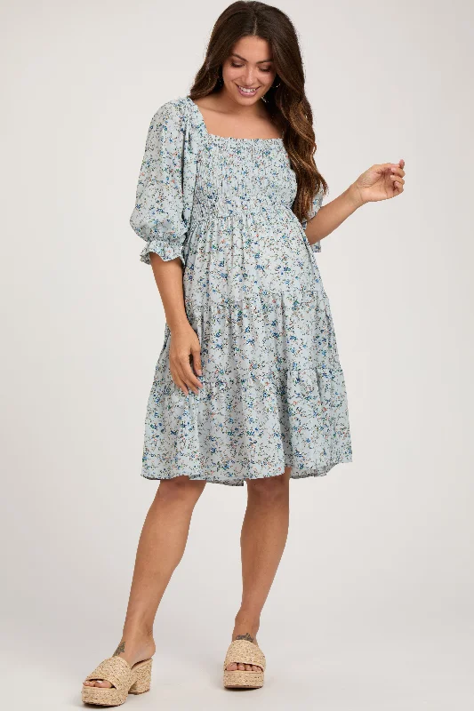 Light Blue Floral Smocked Maternity Knee Length Dress Retro floral dresses