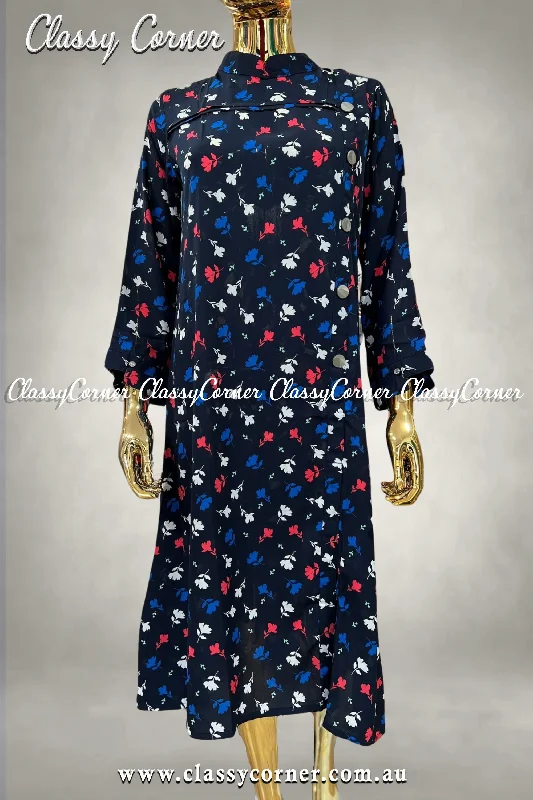 Navy Blue Silk Printed Single Kurti Luxury floral dresses