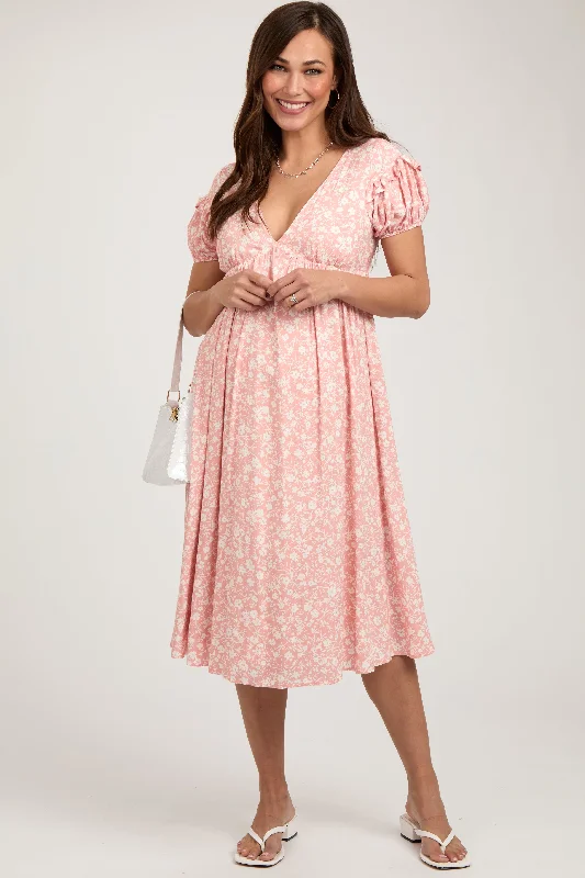 Peach Floral V-Neck Short Sleeve Maternity Dress Elegant floral dresses