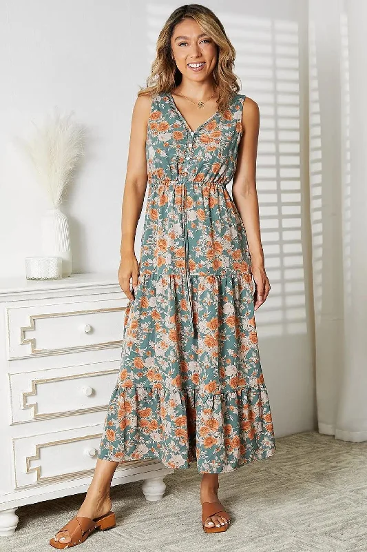 Perfee Floral V-Neck Tiered Sleeveless Dress Smocked floral dresses