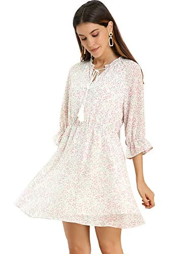 Women's 3/4 Ruffled Sleeve Floral Chiffon Flowy Tie Neck Dress | Original Brand Women's floral dresses