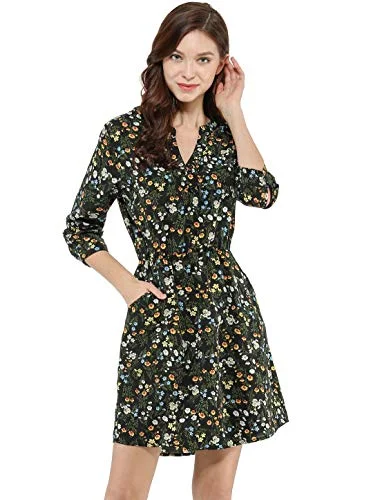 Women's Button Down Floral Print V Neck 3/4 Sleeves Vintage Shirt Dress | Original Brand Petite floral dresses