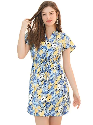 Women's Casual V Neck Flare Sleeve Drawstring Floral Dress | Original Brand Party floral dresses