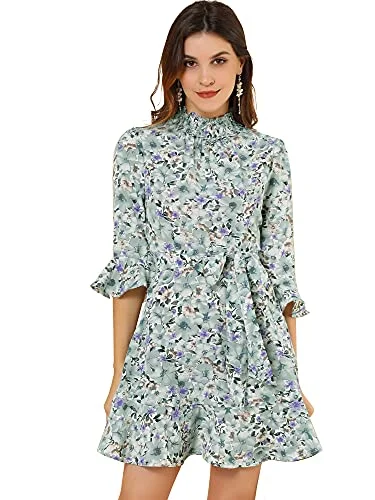 Women's Floral 3/4 Bell Sleeve Smocked Belted Flare Ruffle Dress | Original Brand High-end floral dresses